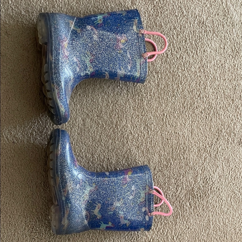 Kids Blue Glitter Rain Boots with Unicorns